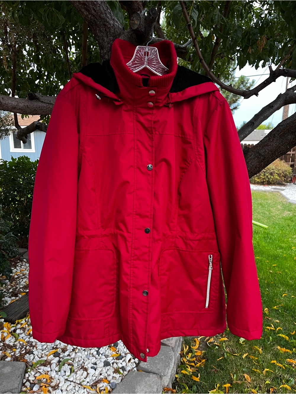 London Fog Women’s XL Red Hooded Winter Coat Water Resistant Faux Fur Lined